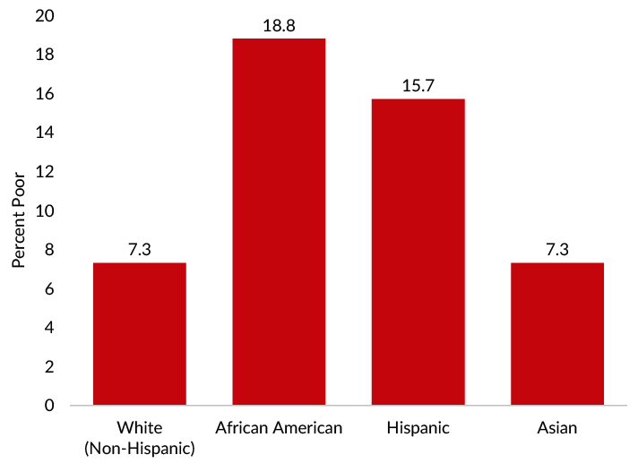 Poverty rates among African Americans were more than twice those of non-Hispanic white and Asian Americans in 2019.